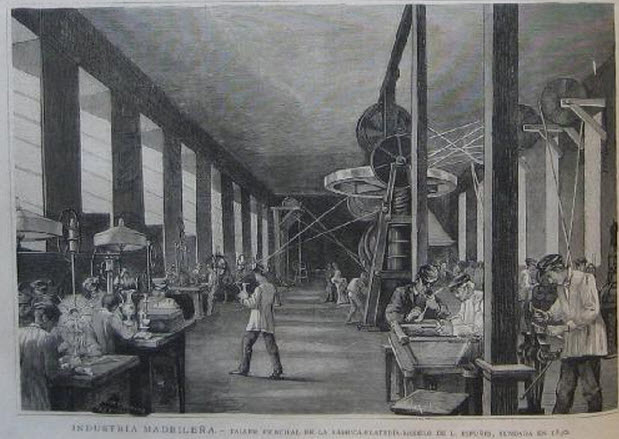 Industria madrileña. Taller principal de la fábrica plateria modelo de L. Espuñes. Ilustracion Española y Americana. 1885